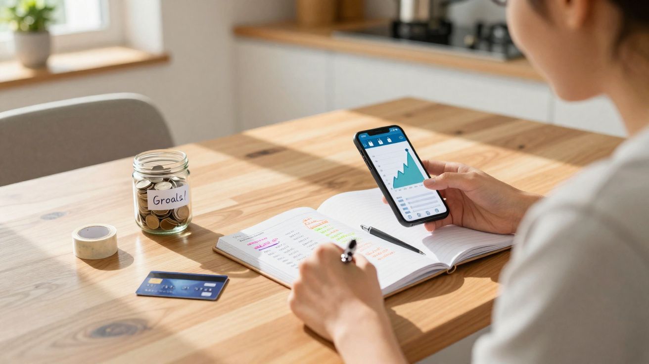 Pessoa a analisar gráficos financeiros no telemóvel com caderno, caneta, cartão de crédito e frasco com moedas numa mesa.