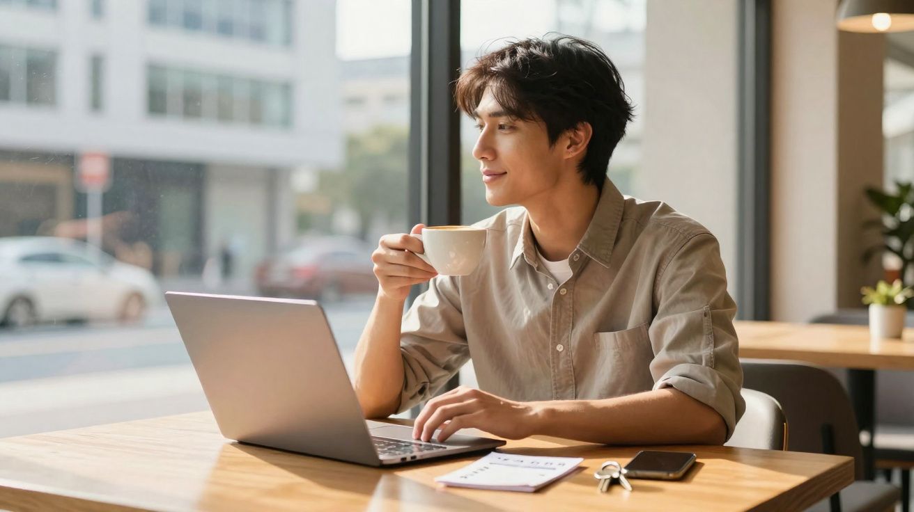 Homem jovem a beber café e a usar portátil numa mesa junto da janela numa cafetaria.