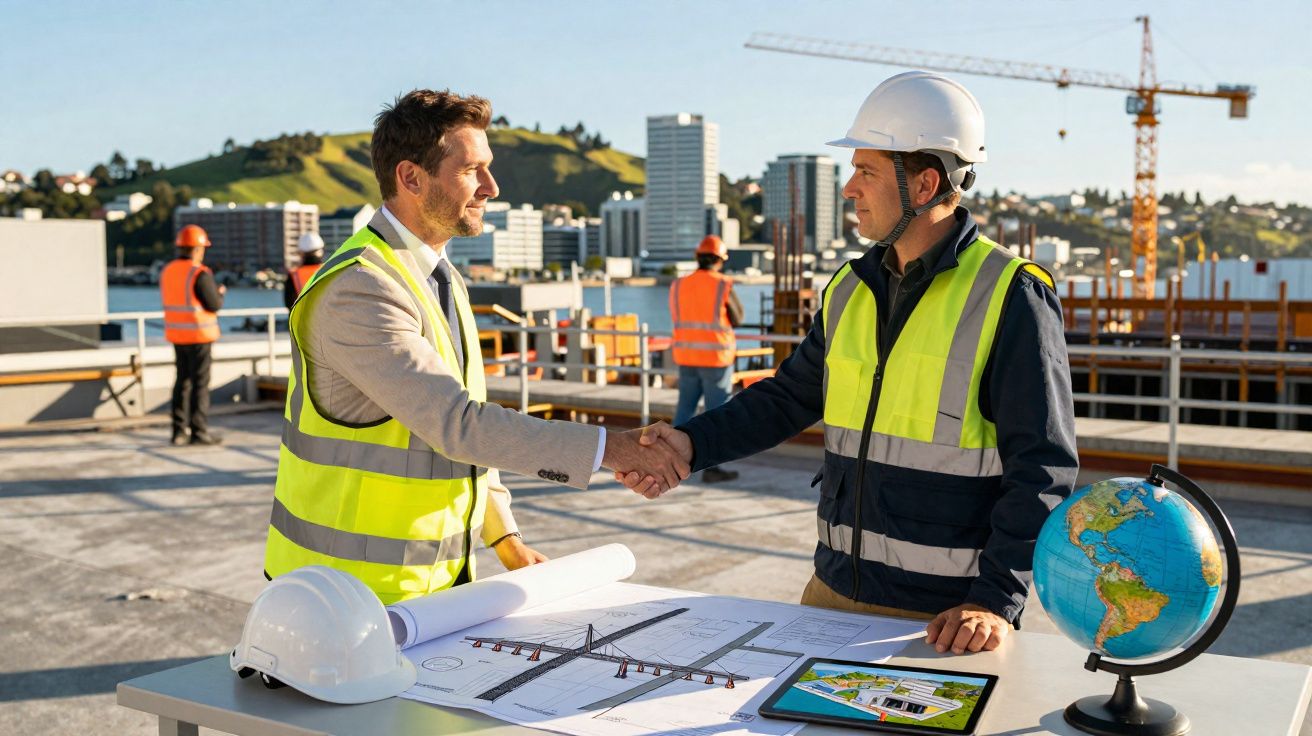 Dois engenheiros com coletes refletores apertam as mãos junto a planta de construção e globo terráqueo.