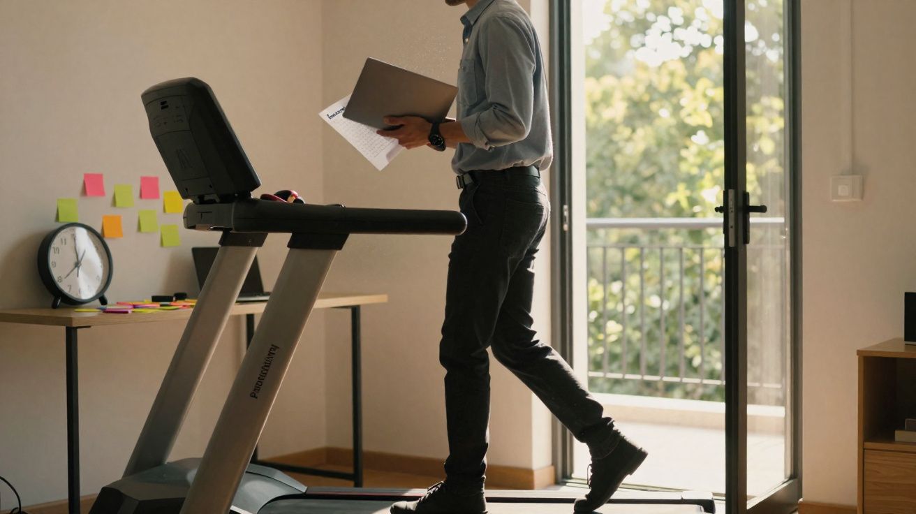 Homem em roupa formal a andar na passadeira enquanto lê documentos num escritório com varanda.