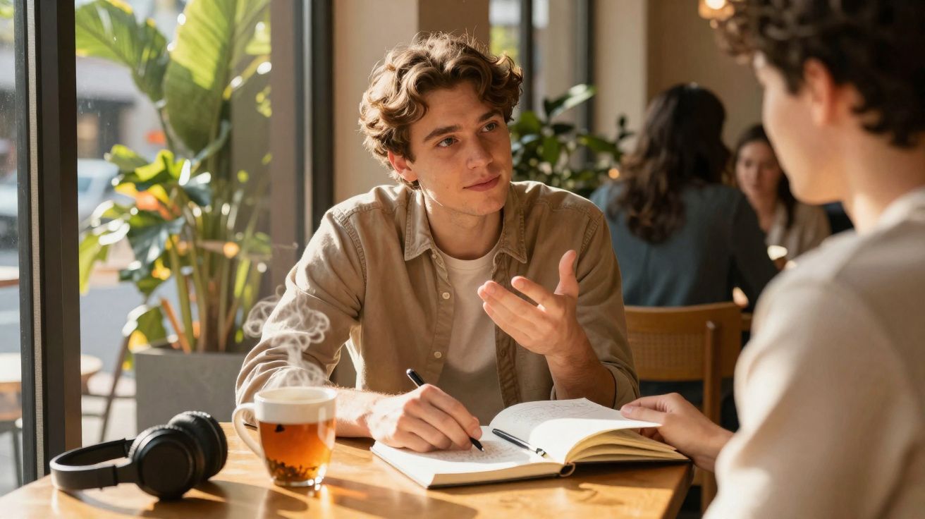 Dois jovens conversam e estudam numa mesa de café com chá e auscultadores.