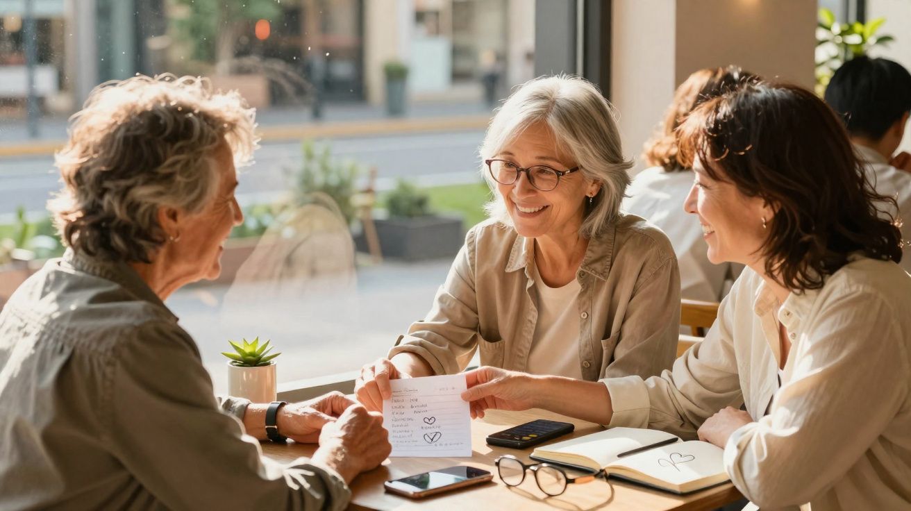 Três mulheres a sorrir e conversar numa mesa de café, uma delas mostra um papel com desenhos de coração.
