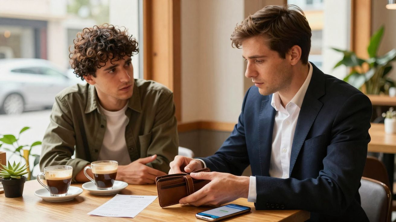 Dois homens sentados à mesa de café, um mostra a carteira enquanto conversam seriamente.