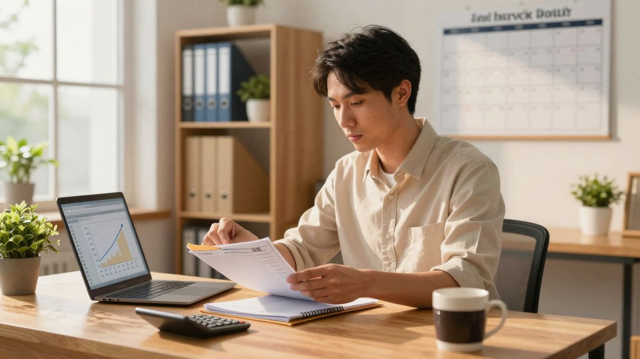 Homem sentado numa secretária a analisar documentos com portátil, calculator e chávena numa sala iluminada.