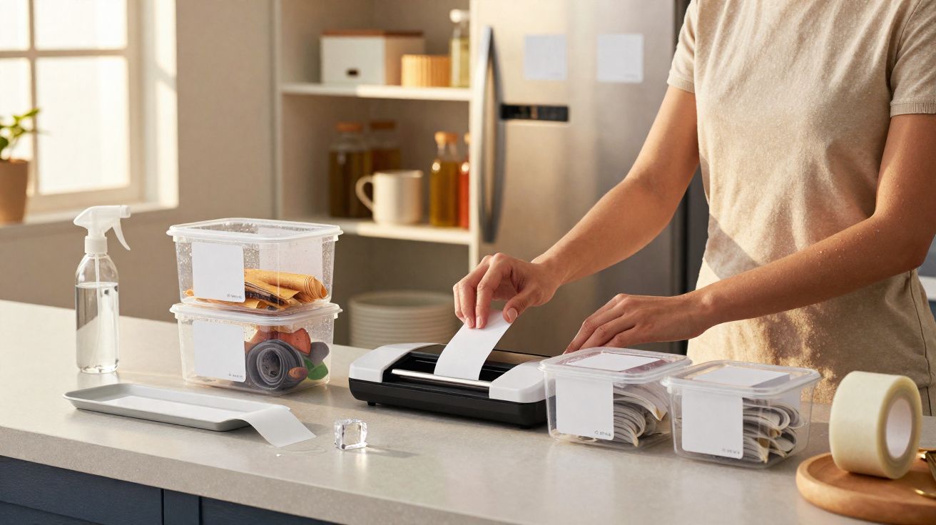 Pessoa a colocar etiquetas em recipientes transparentes de organização numa cozinha moderna.