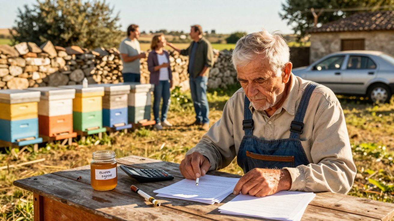 Idoso a escrever documentos numa mesa na apicultura com colmeias coloridas ao fundo.