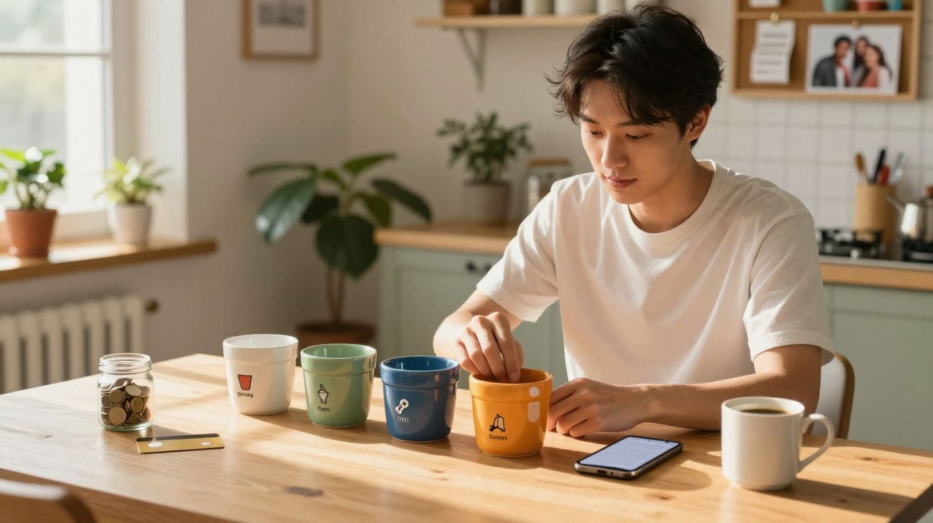 Homem a organizar moedas em vasos coloridos numa cozinha luminosa com telemóvel na mesa.