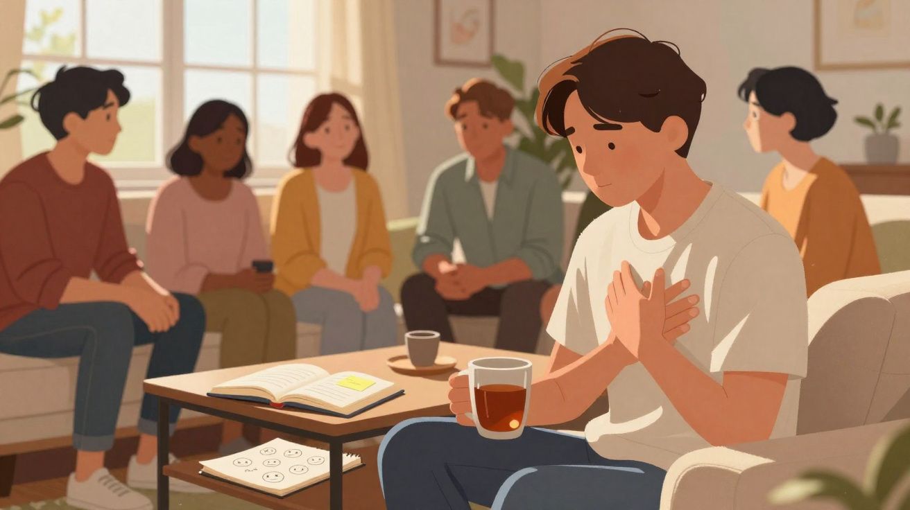 Grupo de pessoas numa sala, uma delas parece ansiosa segurando o peito e uma chávena de chá.