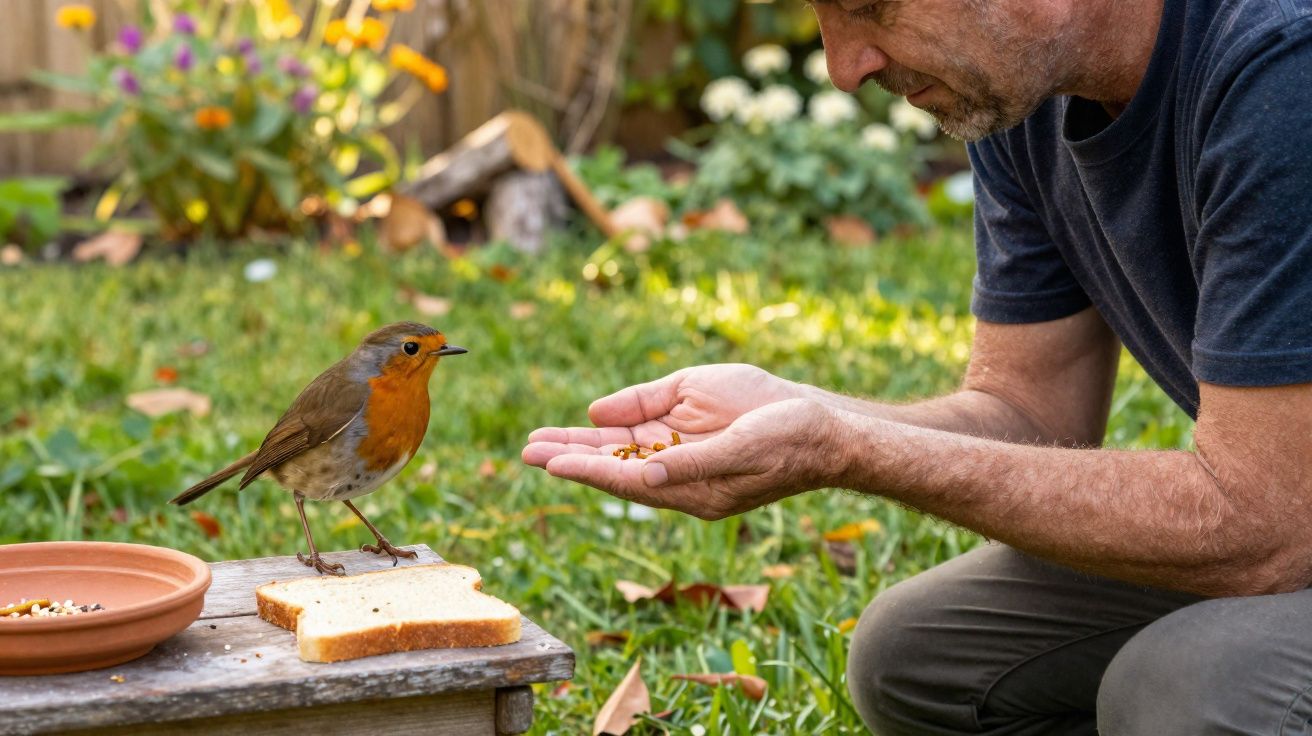 Homem debruçado a alimentar um melro com minhocas na mão no jardim, ao lado de fatias de pão.