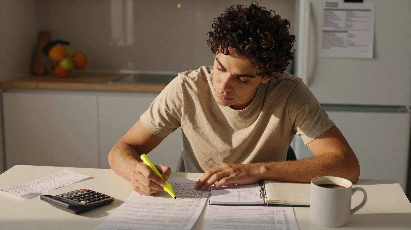 Jovem a estudar com marcador amarelo, calculadora, cadernos e chá numa cozinha iluminada.