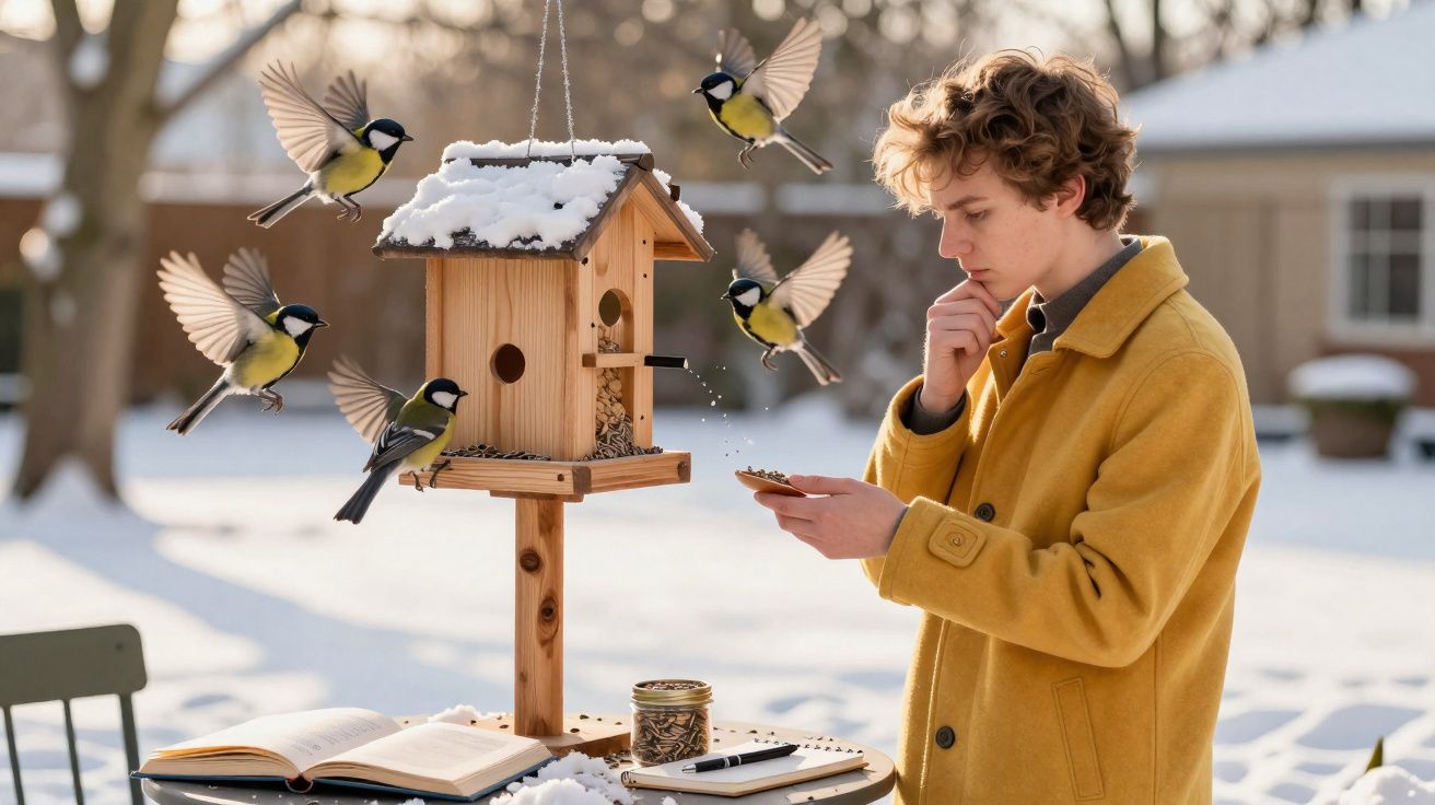 Jovem a alimentar pássaros numa casinha de madeira coberta de neve num jardim de inverno.