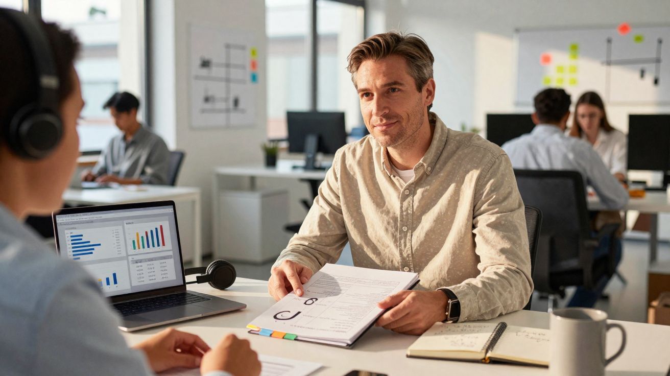 Homem a apresentar documento a colega durante reunião num escritório moderno e luminoso.