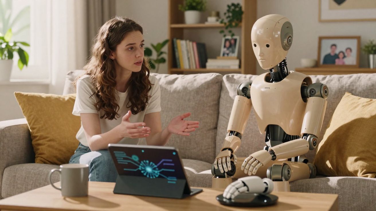 Mulher conversa com robô humanoide sentado no sofá, tablet com gráfico à sua frente na sala de estar.