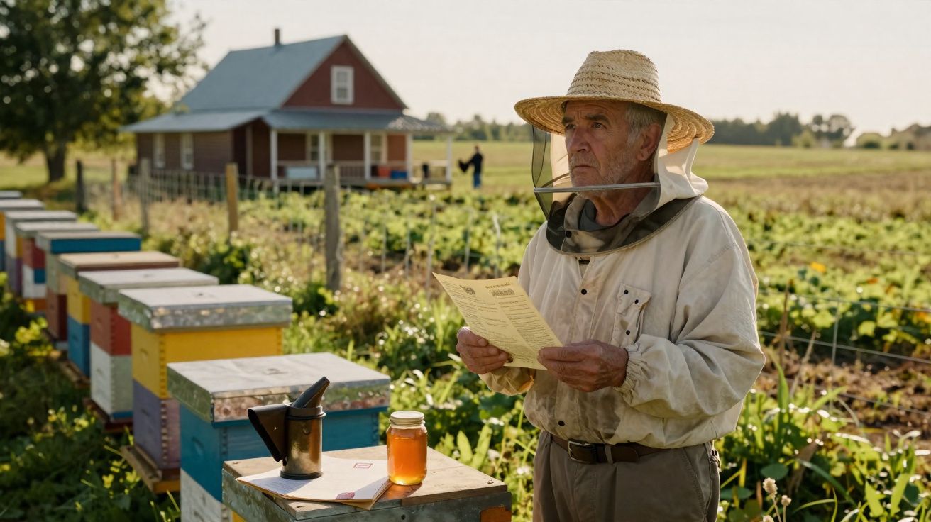Apicultor idoso com fato de proteção, segurando um papel perto de colmeias e campo agrícola.