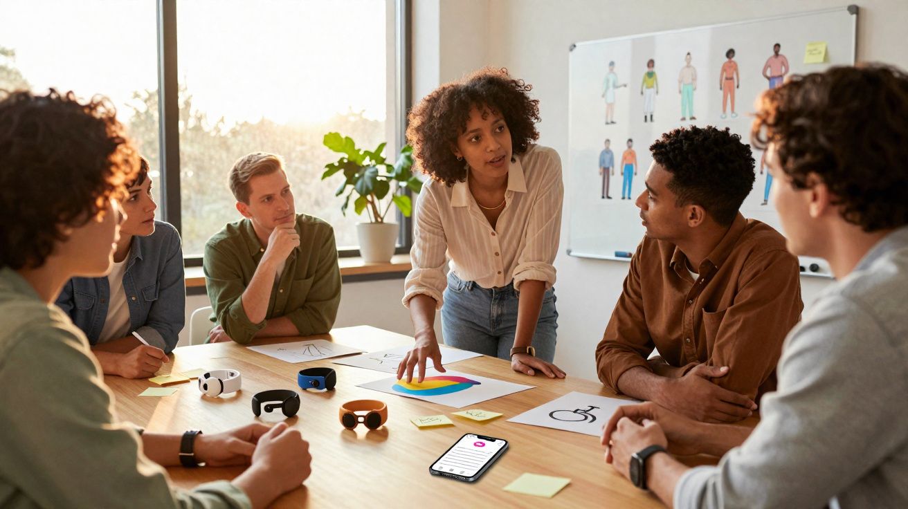 Grupo diversificado de jovens numa reunião, discutindo estratégias com gráficos e dispositivos numa mesa.