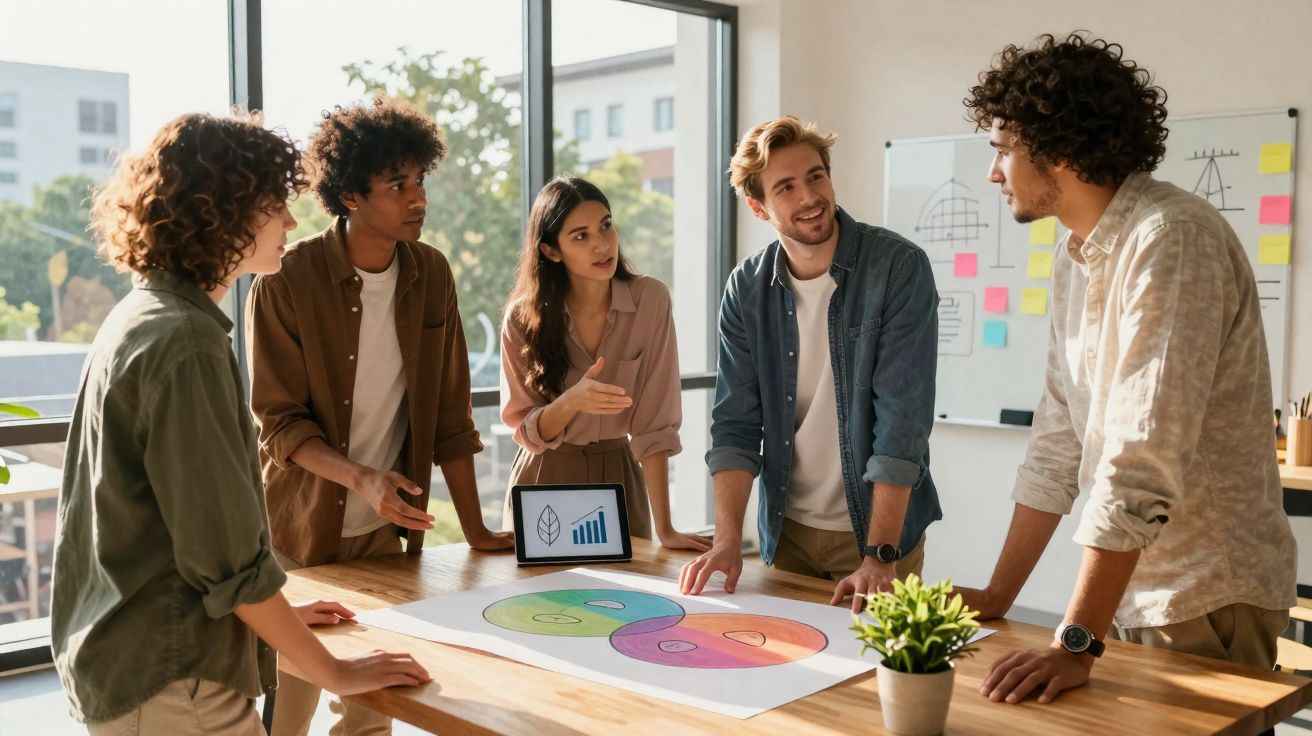 Grupo de cinco jovens reunidos à volta de mesa a discutir gráficos e projeto num escritório moderno.