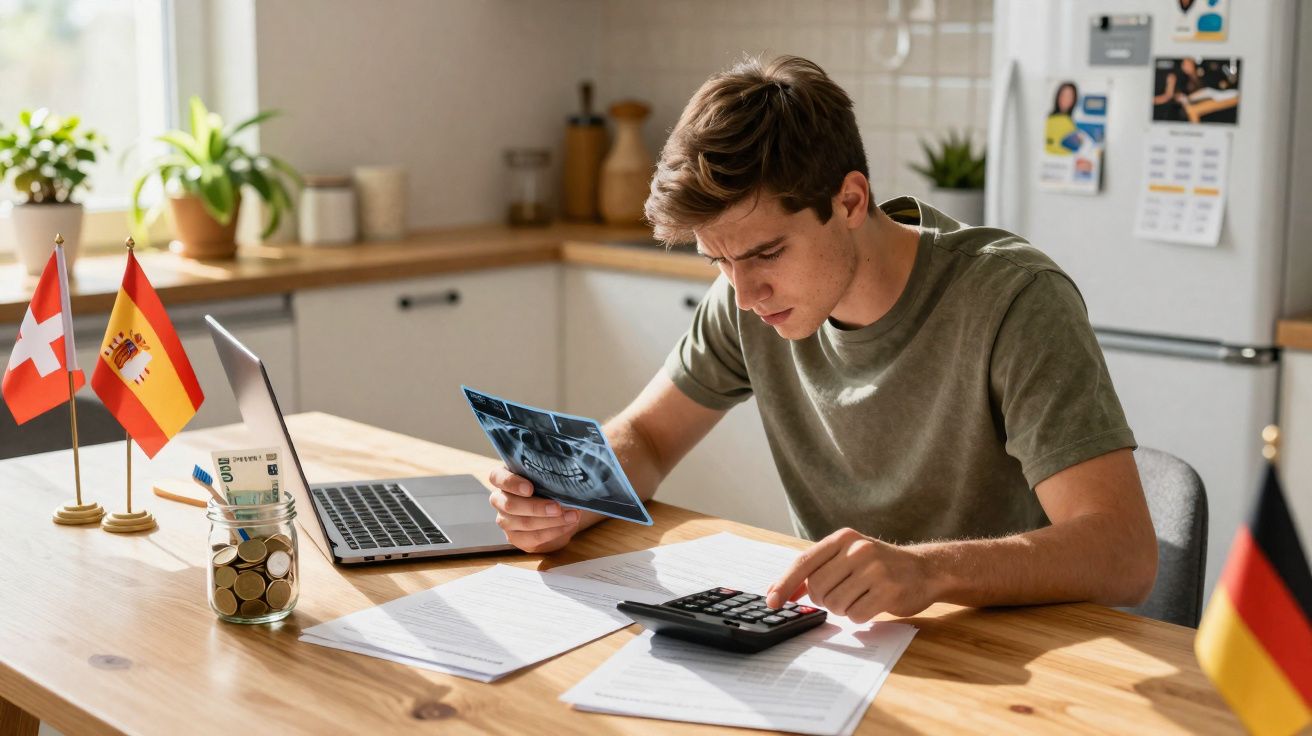 Jovem sentado à mesa com calculadora, documentos e foto de radiografia dentária numa cozinha iluminada.