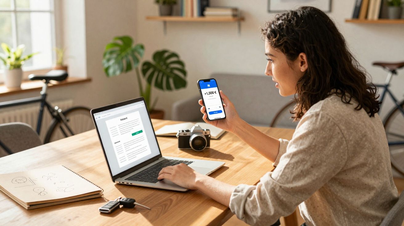 Mulher sentada a uma mesa com computador portátil a consultar saldo bancário no smartphone num ambiente luminoso e moderno.