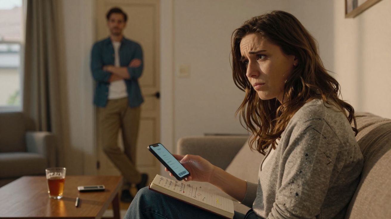 Mulher sentada no sofá com expressão preocupada segurando telemóvel e caderno, homem ao fundo encostado na parede.