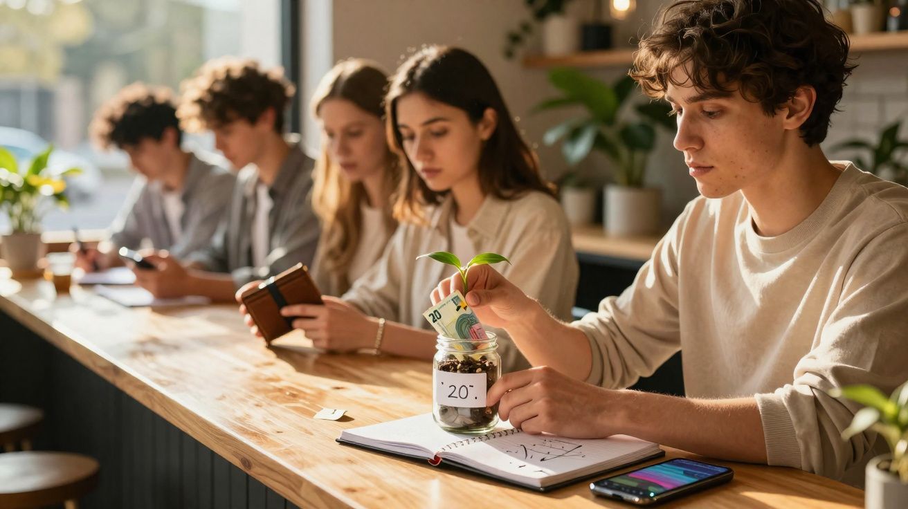 Jovem a colocar notas de euros numa jarra com planta, com outras pessoas ao fundo sentadas numa mesa de madeira.