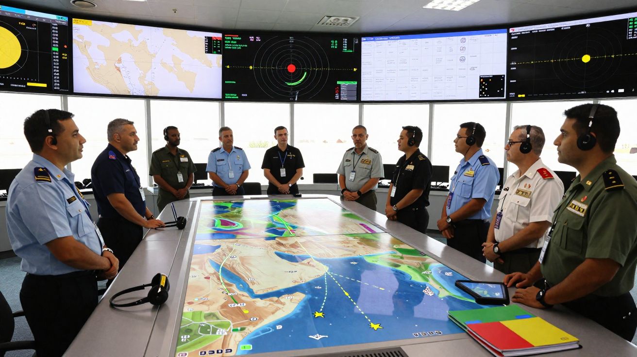Militares em uniforme reunidos ao redor de uma mesa digital com mapas de navegação num centro de operações.