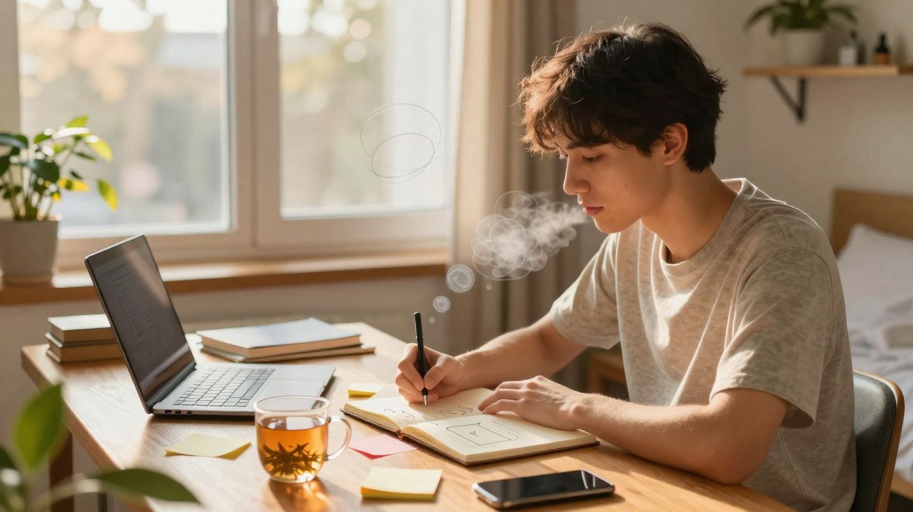 Jovem a desenhar num caderno numa secretária com portátil, chá, e telemóvel, numa divisão iluminada.