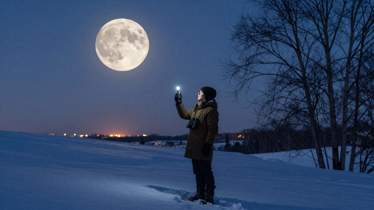 Pessoa na neve, à noite, com lua cheia grande brilhando no céu, segurando uma lanterna acesa para cima.