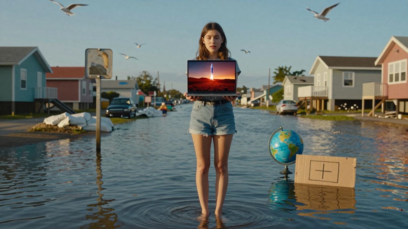 Jovem numa rua inundada segura portátil com lançamento de foguete, com globo terrestre e sinal de ajuda na água.