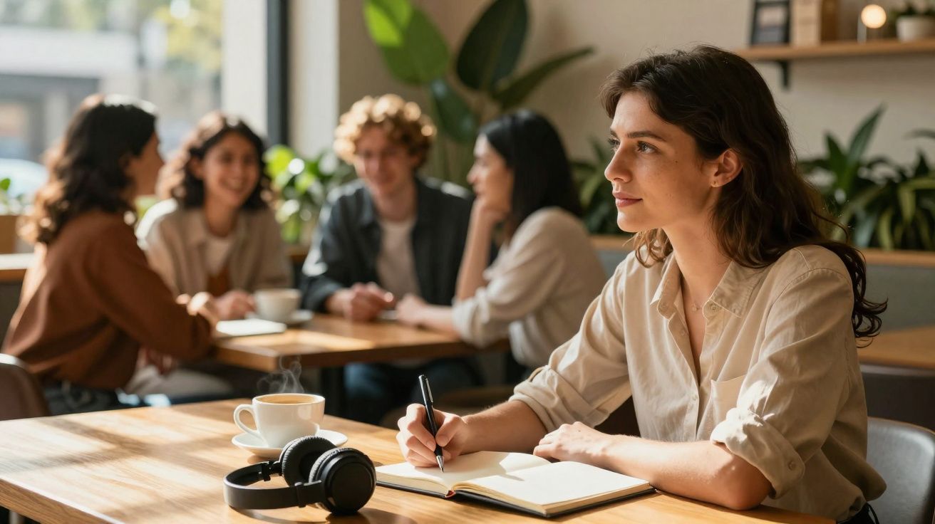 Mulher a escrever num caderno numa mesa de café, com headphones e chá, enquanto grupo conversa ao fundo.