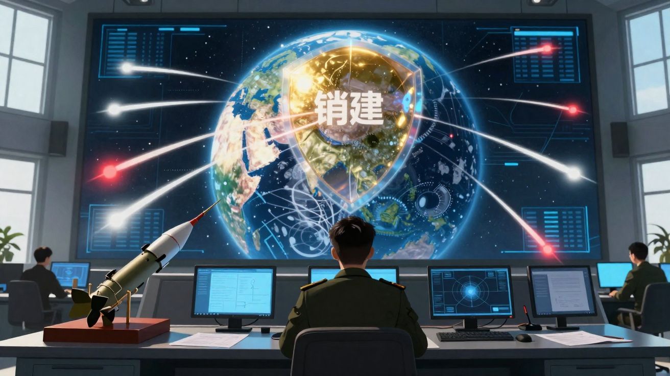 Sala de controlo militar com ecrã gigante a mostrar a Terra, mísseis e escudo digital de proteção.