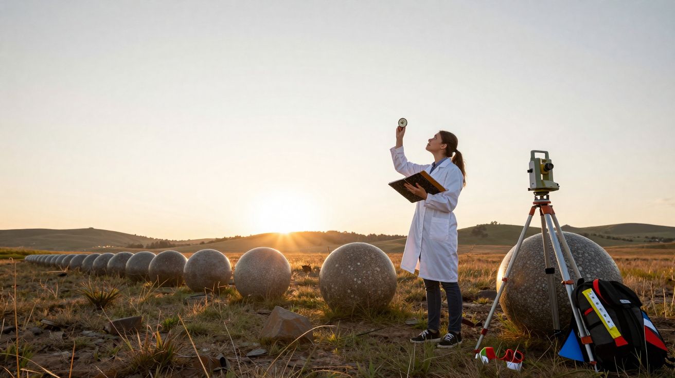 Mulher de bata branca analisa esfera de pedra gigante ao pôr do sol num campo com equipamento de medição.