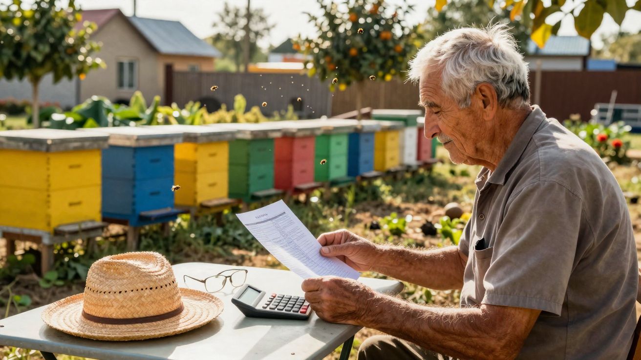 Idoso sentado junto a colmeias coloridas, a ler um documento com uma calculadora na mesa ao lado.