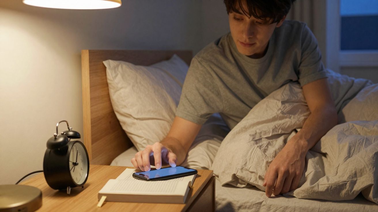 Homem na cama a desligar alarme no telemóvel numa mesa de cabeceira com relógio e bloco de notas.