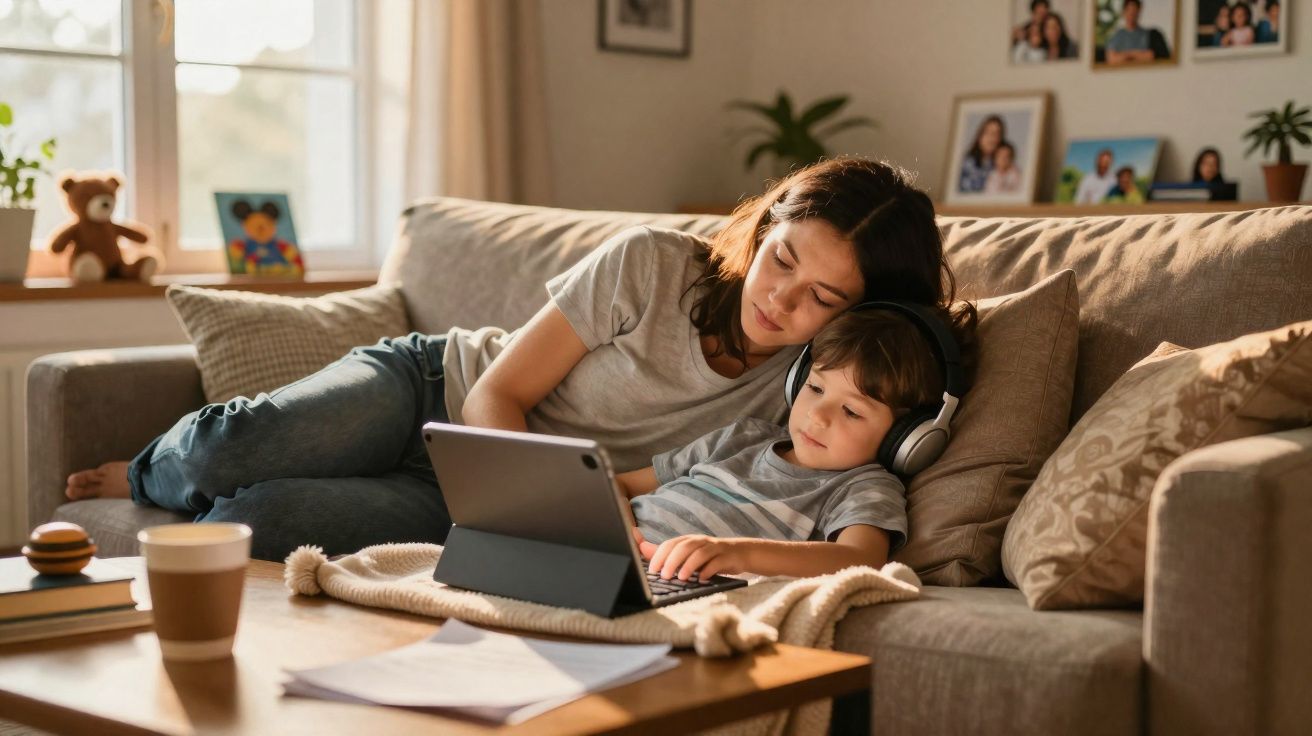 Mulher e criança deitada no sofá a ver tablet, criança usa auscultadores, ambiente acolhedor e familiar.