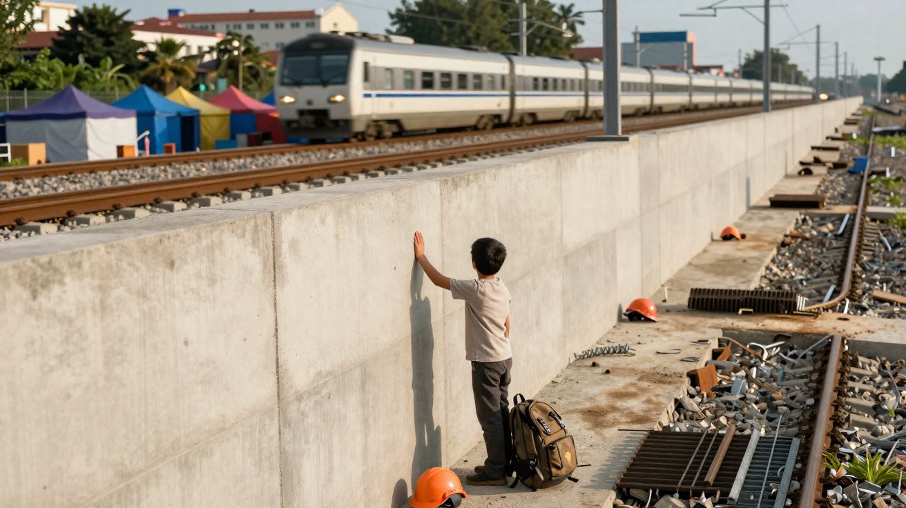 Criança com mochila encostada a parede perto de linha férrea, comboio em movimento ao fundo em dia ensolarado.