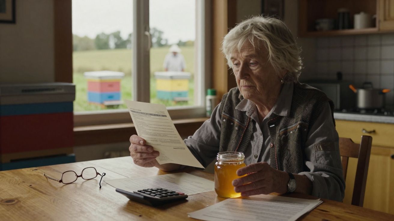Mulher idosa a ler documentos na cozinha, segurando um frasco de mel, com calculadora e óculos na mesa.