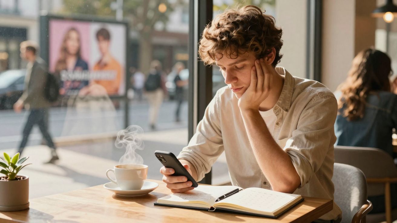 Jovem sentado numa cafeteria a olhar para o telemóvel, com chá quente e caderno aberto à sua frente.