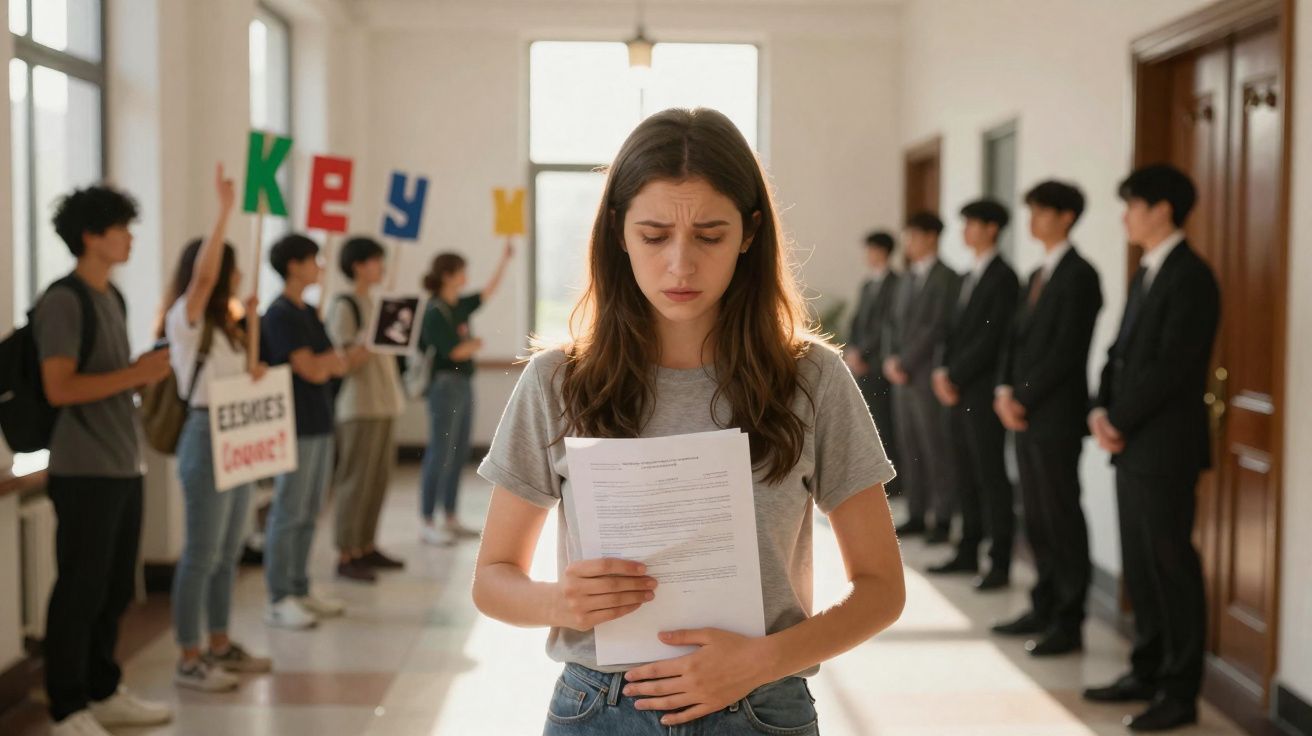 Jovem preocupada lê documento num corredor com manifestantes e homens de fato ao fundo.