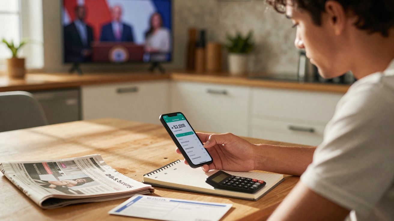 Pessoa a fazer gestão financeira no telemóvel, com calculadora, caderno e jornal numa mesa de madeira.