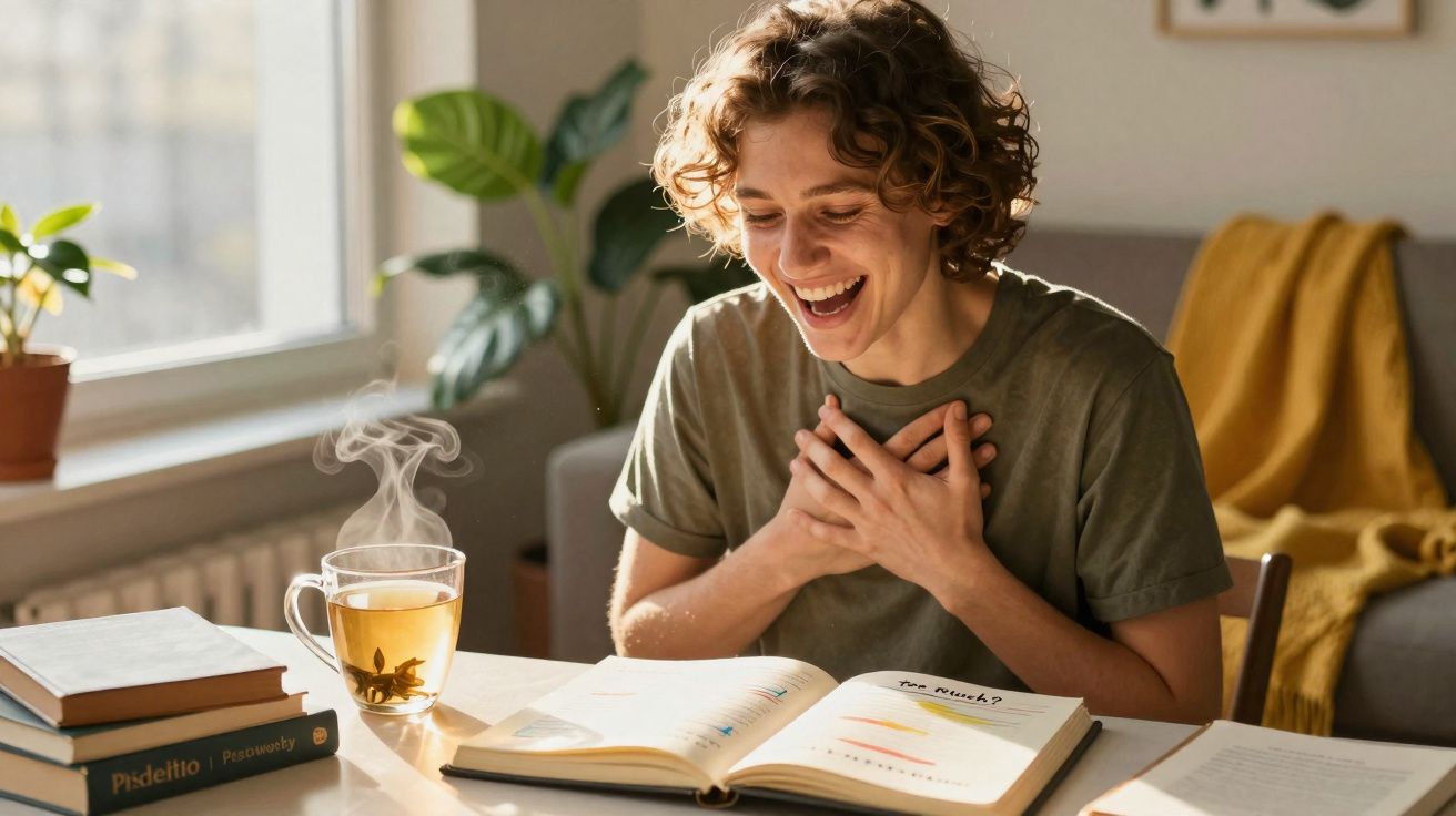Pessoa sorridente a ler livro e beber chá quente numa sala iluminada com plantas e manta amarela.