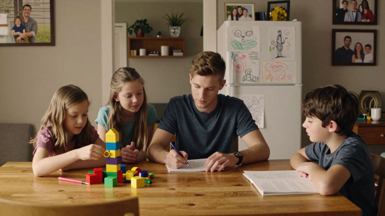 Homem ajuda três crianças com brincadeiras e estudo à mesa de madeira numa sala acolhedora.