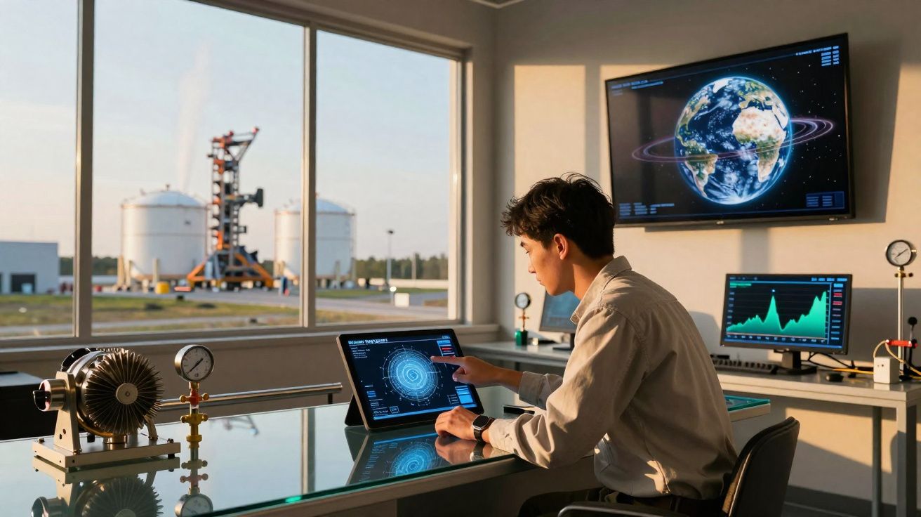 Homem a analisar dados tecnológicos num ecrã tátil, com gráficos e imagens da Terra no fundo.