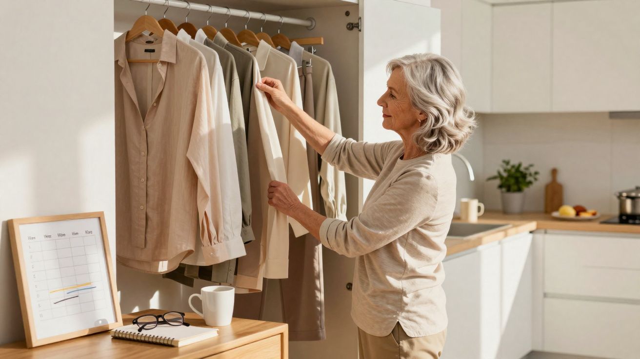 Mulher idosa a escolher roupas num armário com camisas claras, numa cozinha iluminada pelo sol.