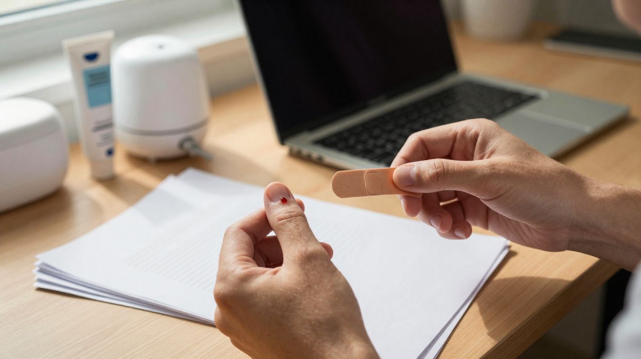 Pessoa a colocar penso rápido num dedo após teste de dedo com computador portátil e documentos em mesa de madeira.