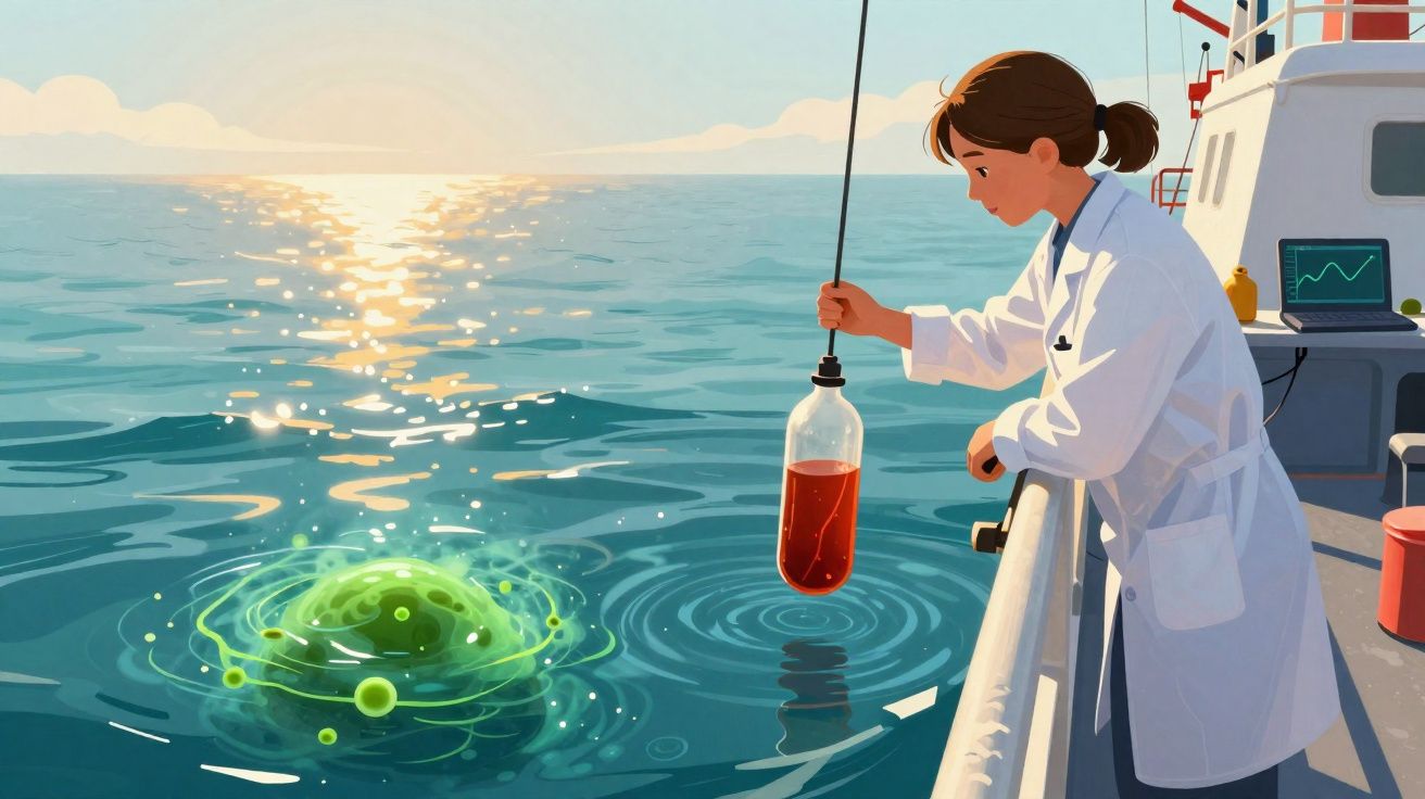 Cientista numa bata branca recolhe amostra vermelha do oceano ao pôr do sol numa embarcação científica.