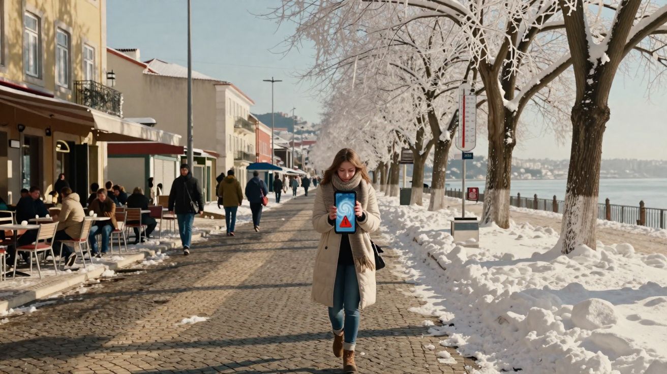 Mulher a caminhar numa avenida com árvores cobertas de neve e pessoas sentadas em esplanada junto ao rio.