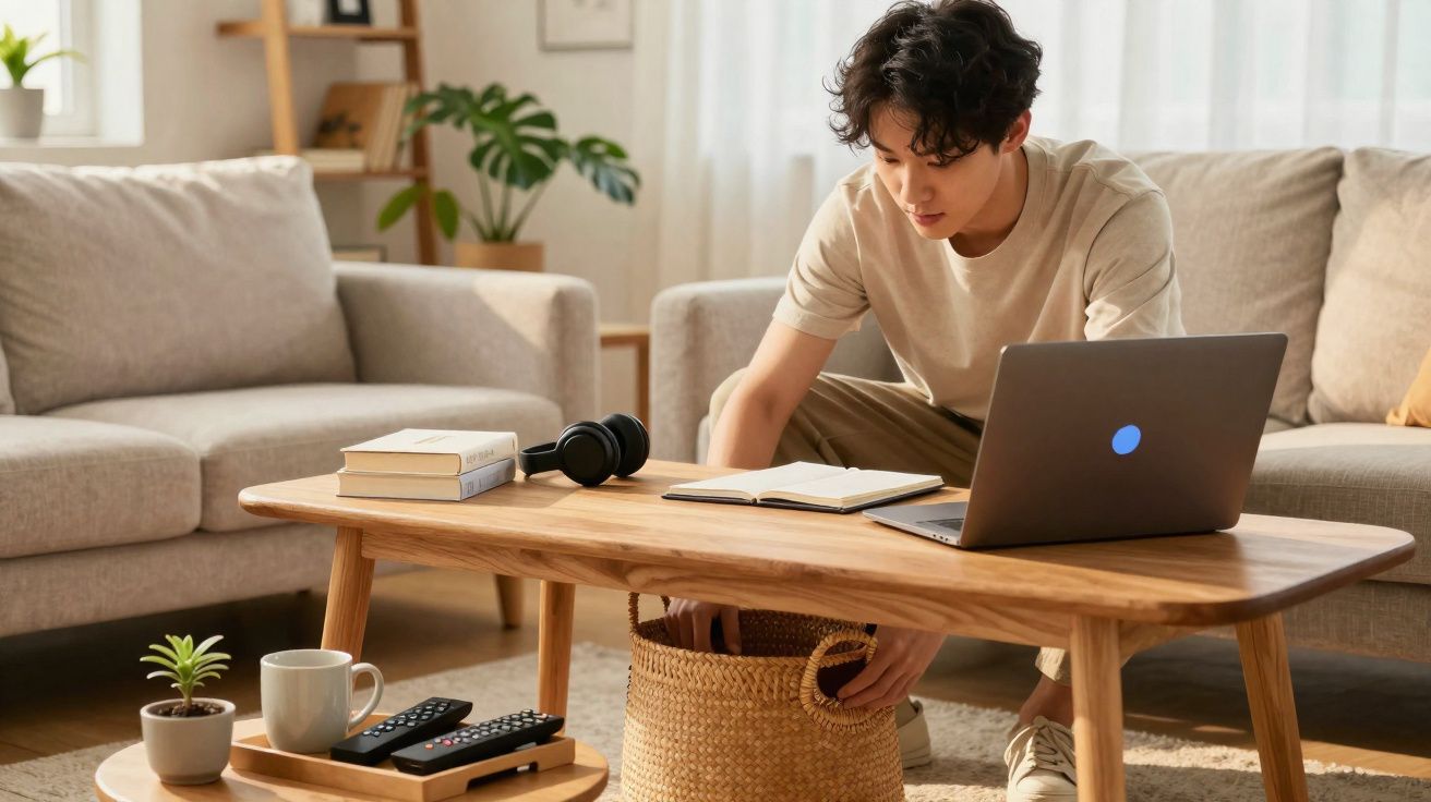 Jovem num sofá a organizar objetos numa sala com mesa de madeira, computador portátil e auscultadores.