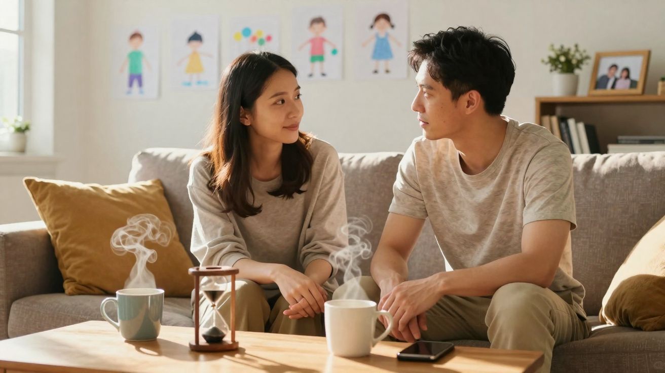 Casal sentado no sofá a conversar com canecas de chá fumegante sobre a mesa à frente.