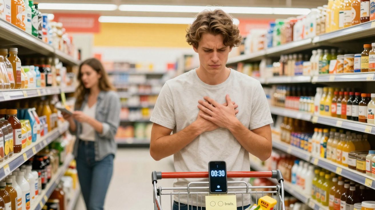 Homem jovem em supermercado com expressão de dor no peito enquanto segura o carrinho de compras.