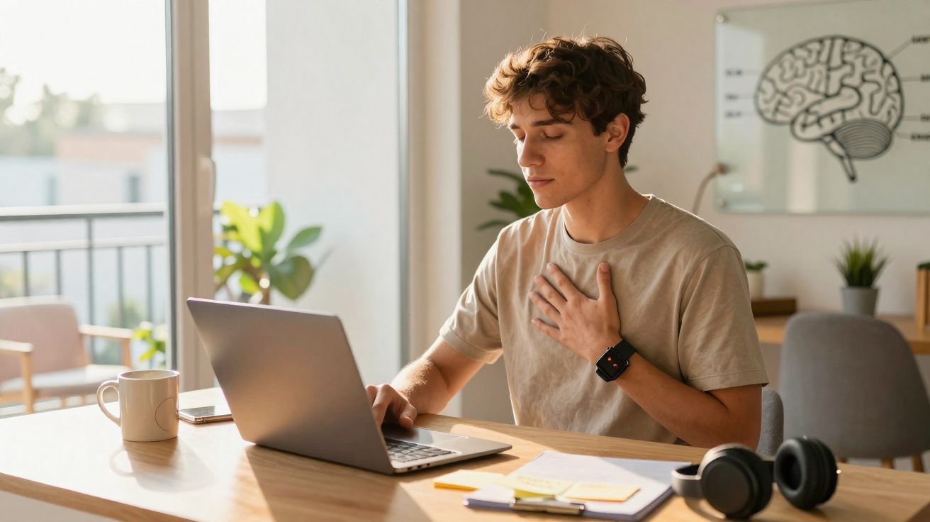 Jovem a trabalhar num computador portátil em casa, com uma mão no peito e expressão de concentração.